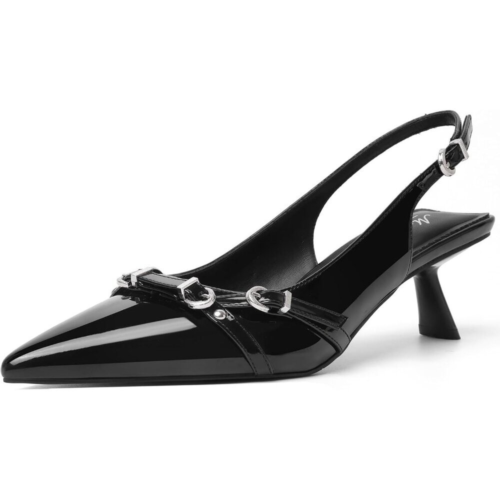 Black Patent Slingback Kitten Heel with Silver Buckle Detail